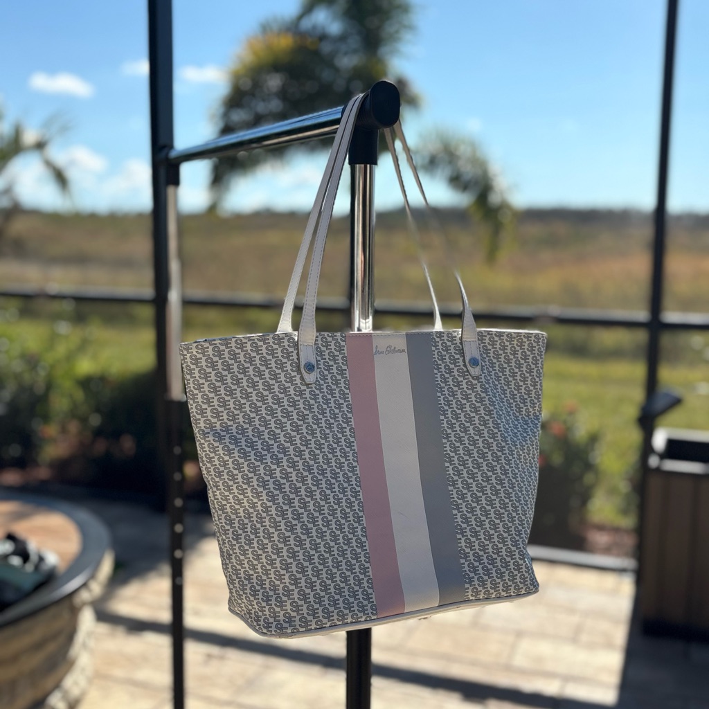 Sam Edelman Gray Pink And White Striped Logo Tote